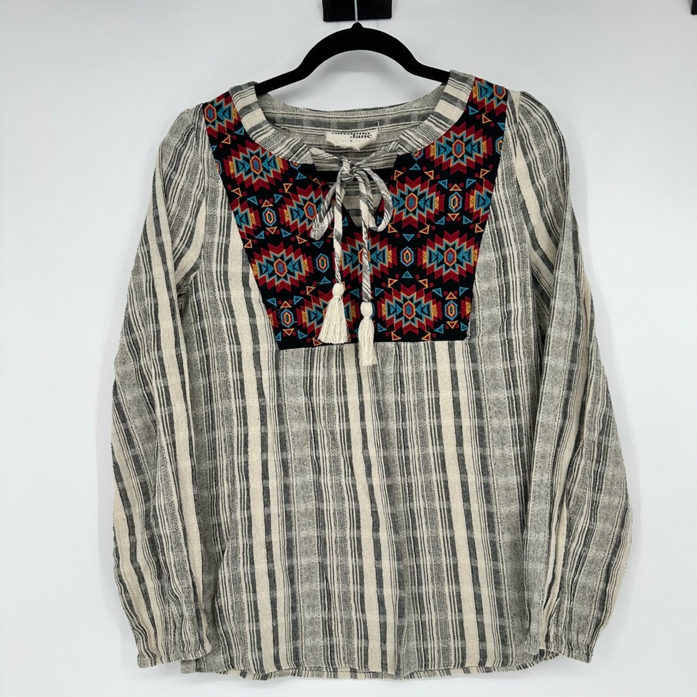 Savanna Jane Geometric Embroidered Long Sleeve Blouse Boho Aztec Tassel S